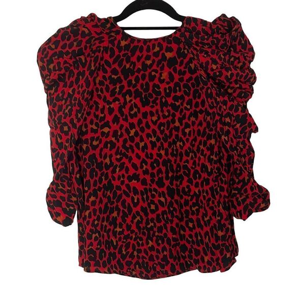 Zara‎ Red Leopard Print Ruched Sleeve Top, Size XS - Picture 2 of 4